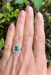 Art Deco Emerald and Diamond Cluster Ring Platinum 0.45ct + 0.90ct