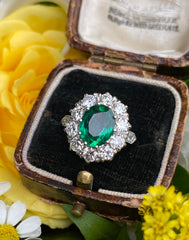 Victorian Style Emerald and Diamond Cluster Platinum Ring 1.45ct + 2.95ct