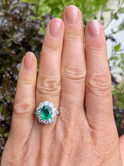 Victorian Style Emerald and Diamond Cluster Platinum Ring 1.45ct + 2.95ct