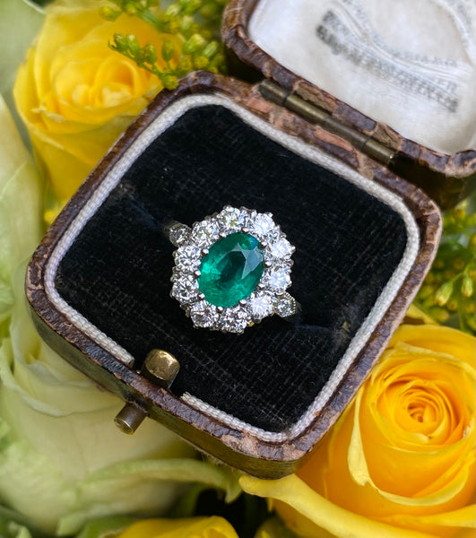 Victorian Emerald and Diamond Cluster Ring Platinum 0.95ct + 1.17ct