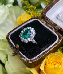 Victorian Emerald and Diamond Cluster Ring Platinum 0.90ct + 1.15ct