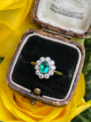 Victorian Style Emerald and Diamond Cluster Ring 18ct Yellow Gold 0.45ct + 0.65ct