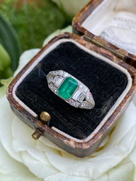 Art Deco Emerald and Diamond Platinum Ring 0.40ct + 0.90ct