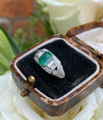 Art Deco Emerald and Diamond Platinum Ring 0.40ct + 0.90ct