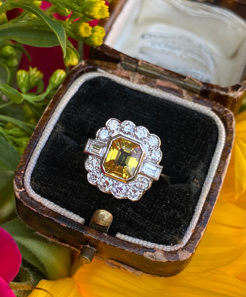 Yellow Sapphire and Diamond Cluster Platinum Ring 0.80ct + 1.70ct
