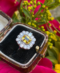 Yellow Sapphire and Diamond Cluster Platinum Ring 0.80ct + 1.60ct