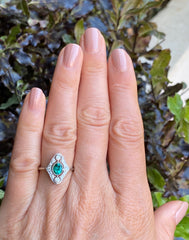 Art Deco Emerald and Diamond Cluster Platinum Ring 0.30ct + 0.60ct