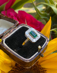Art Deco Emerald and Diamond Platinum Ring 0.50ct + 0.90ct