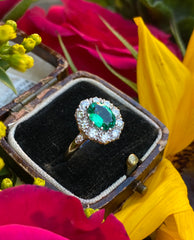 Victorian Emerald and Diamond Cluster Ring 18ct Yellow Gold 0.95ct + 1.22ct