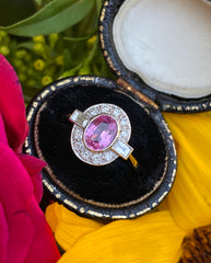 Art Deco Pink Sapphire and Diamond Cluster Ring Platinum 0.35ct + 0.90ct