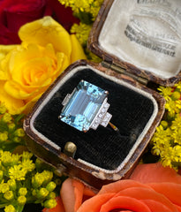 Art Deco Aquamarine and Diamond Platinum Ring 0.25ct + 6.05ct