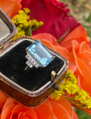 Art Deco Aquamarine and Diamond Platinum Ring 0.25ct + 6.05ct