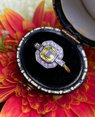 Art Deco Yellow Sapphire & Diamond Platinum Ring 0.25ct + 1.05ct