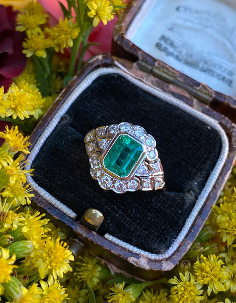 Edwardian Style Emerald and Diamond Cluster 18ct Yellow Gold 0.60ct + 1.20ct