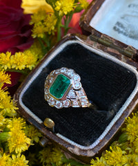 Edwardian Style Emerald and Diamond Cluster 18ct Yellow Gold 0.60ct + 1.20ct