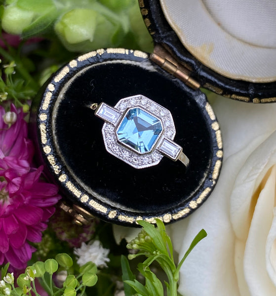 Art Deco Aquamarine and Diamond Platinum Ring 0.25ct + 0.55ct
