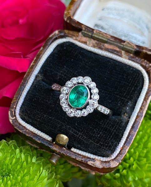 Emerald and Diamond Cluster Platinum Ring 0.35ct + 0.70ct