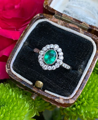 Emerald and Diamond Cluster Platinum Ring 0.35ct + 0.70ct