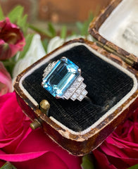Art Deco Aquamarine and Diamond Ring Platinum 0.25ct + 3.50ct
