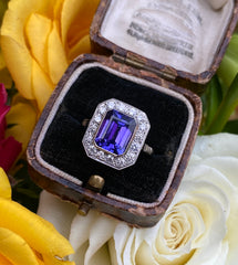 Art Deco Tanzanite and Diamond Platinum Ring 0.55ct + 1.40ct