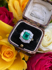 Art Deco Emerald and Diamond Cluster Platinum Ring 0.85ct + 2.05ct