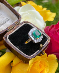 Art Deco Emerald and Diamond Cluster Platinum Ring 0.85ct + 2.05ct