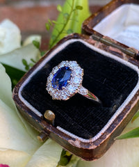Victorian Sapphire and Diamond Cluster Platinum Ring 0.90ct + 1.40ct