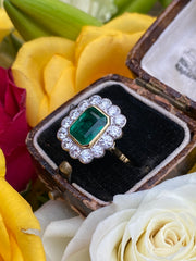 Victorian Emerald and Diamond Cluster 18ct Yellow Gold Ring 1.25ct + 2.42ct