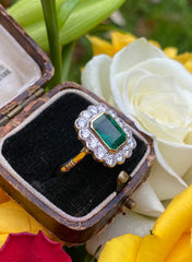 Victorian Emerald and Diamond Cluster 18ct Yellow Gold Ring 1.25ct + 2.42ct