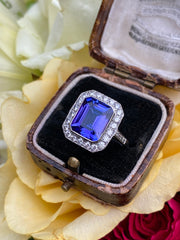 Art Deco Tanzanite & Diamond Platinum Cluster Ring 0.65ct + 4.55ct