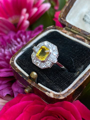 Art Deco Yellow Sapphire and Diamond Platinum Ring 0.55ct + 1.40ct