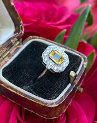 Art Deco Yellow Sapphire and Diamond Platinum Ring 0.55ct + 1.40ct