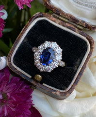 Victorian Sapphire and Diamond Cluster Platinum Ring 1.35ct + 2.35ct