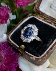 Victorian Sapphire and Diamond Cluster Platinum Ring 1.35ct + 2.35ct