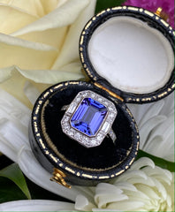 Art Deco Tanzanite and Diamond Platinum Ring 0.40ct + 3.20ct