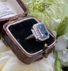 Art Deco Aquamarine and Diamond Cluster Platinum Ring 0.60ct + 3.0ct
