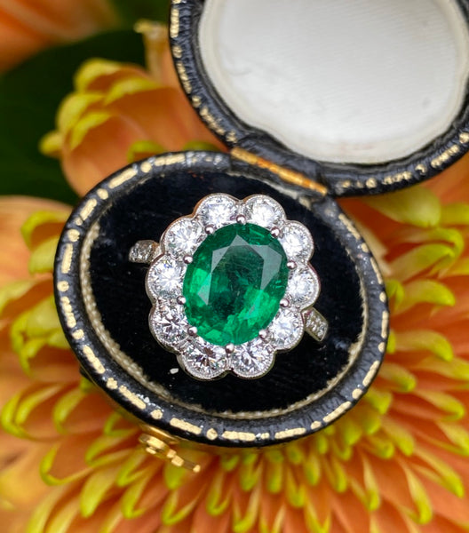 Emerald and Diamond Cluster Ring Platinum 1.35ct + 2.80ct
