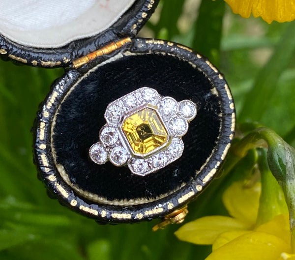 Art Deco Yellow Sapphire & Diamond Platinum Ring 0.55ct + 1.40ct