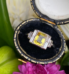 Art Deco Yellow Sapphire and Diamond Platinum Ring 0.40ct + 1.50ct