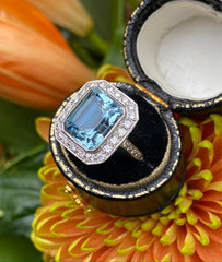Art Deco Aquamarine and Diamond Ring 0.50ct + 3.65ct Platinum