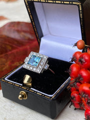 Art Deco Aquamarine & Diamond Platinum Ring 0.40ct + 1.0ct