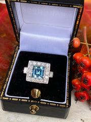 Art Deco Aquamarine & Diamond Platinum Ring 0.40ct + 1.0ct