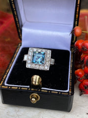 Art Deco Aquamarine & Diamond Platinum Ring 0.40ct + 1.0ct