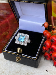 Art Deco Aquamarine & Diamond Platinum Ring 0.40ct + 1.0ct