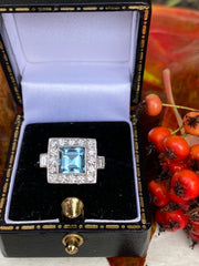 Art Deco Aquamarine & Diamond Platinum Ring 0.40ct + 1.0ct