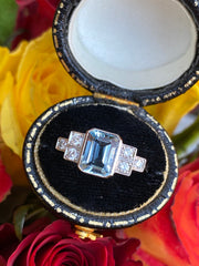 Art Deco Aquamarine and Diamond Platinum Ring 0.25ct + 1.40ct