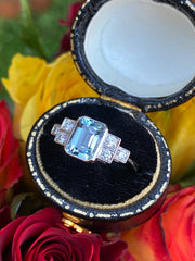 Art Deco Aquamarine and Diamond Platinum Ring 0.25ct + 1.40ct