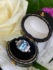 Art Deco Aquamarine and Diamond Platinum Ring 0.25ct + 2.30ct