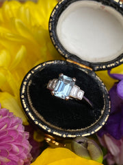 Art Deco Aquamarine and Diamond Platinum Ring 0.25ct + 0.80ct