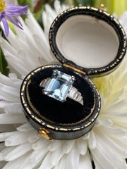 Art Deco Aquamarine and Diamond Platinum Ring 0.40ct + 3.0ct